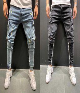 Men039s Jeans skinny Pantalons de crayon à rayures latéral Hiphop Biker Denim multipockets Pantalons de sport masculin Pantalon de cargaison S3L SIZ 8836686