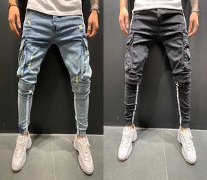 Men039s Jeans skinny Pantalons de crayon à rayures latéral Hiphop Biker Denim Pantalons de sport Pantalon de jogging masculin S3L SIZ 1209628