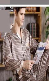 Men039s sleepwear luxo seda cetim pijamas conjunto masculino impressão primavera outono pijamas masculino moda casual calças de mangas compridas h5305777