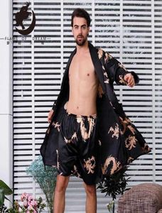 Men039S Sleepwear Tweeëngerecht Mannelijke zijdekap jurk extra groot gewaad met draken heren satijnen badjas zijden kimono mannen 21039886756