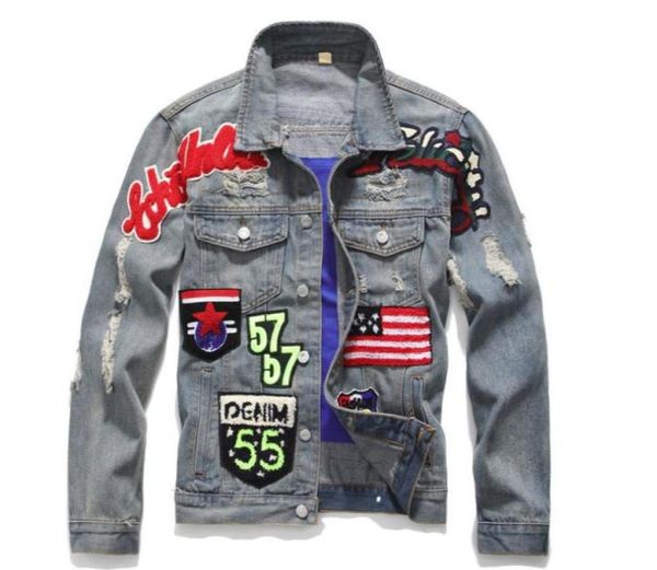 Men039s Slim Vintage drapeau américain Jeans veste Punk moto Denim manteau col rabattu Badge Patch Design vêtements d'extérieur 9311634