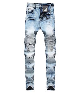 Men039S Sneeuw gewassen lichtblauwe motorje jeans voor motorfiets geplooide slanke rechte stretch denim broek5330606