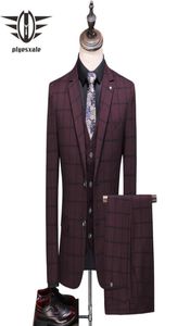 Men039s costume Blazers Plyesxale Gris Bourgogne Navy Blue Plaid Suit Men 2021 Mariage d'automne printemps pour le marié Fashion Casu2768167