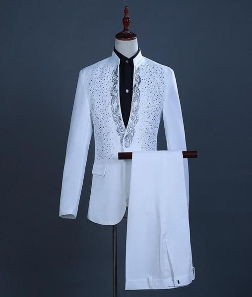 Men039s Trajes Blazers White Stand Collar Diamond Jacket Pants Set Hombres Fiesta Boda Prom Traje de 2 piezas Escenario Cantante DJ Club Dr9339498