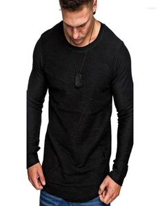 Men039s T-shirts Stijl Herfst Mooie Effen Kleur Ronde Kraag Met Afgeronde Zoom Kleine Stukjes Leren Ontwerp Lange Mouw T-shirt4666461