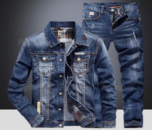 MEN039S Tracksuits Fashion Slim Sets Spring herfst Dark Blue Denim Cotton Lange Mouw Jacket gescheurd gat jeans paar Tweede stuk 5451477
