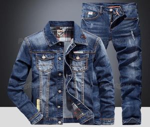 MEN039S Tracksuits Fashion Slim Sets Spring herfst Dark Blue Denim Cotton Lange Mouw Jacket Gatgat jeans paar twee Pie3026553