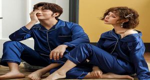 Men039s Tracksuits Spring and Automne Men Solid Soft Silk Pajamas Set Casual Home Vêtements Long Sleeve Couple039s SleepingWear P6091061