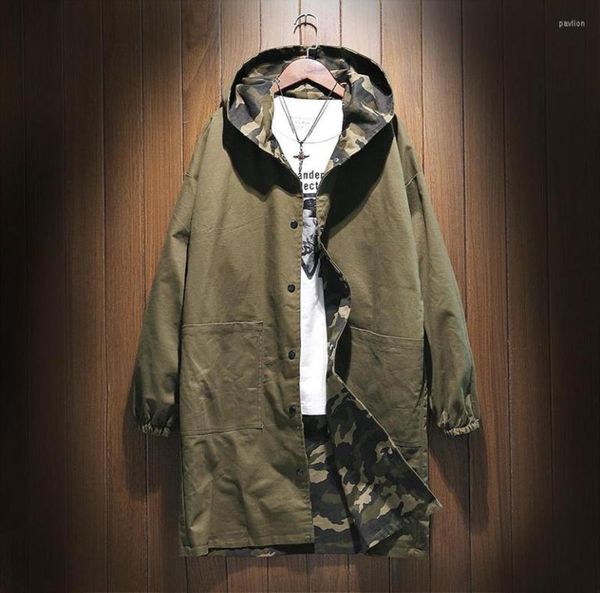 Men039s Trench Coats Armée Vert Camouflage Manteau Réversible Pour Hommes Hiver Épais Doublure En Coton Hommes Pardessus Long Oversize Hoode4386673