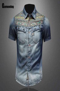 Men039s T-shirts Mode Tops Zomer Korte Mouw Model Patchwork Heren Denim Shirt Casual Slim Jean Blouse Sexy Mannen Kleding ZZ8225800