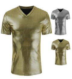 Men039s Tshirts Gold Silver Plaid Metallic Metallic Nightclub Wear Tshirt Men Sexy New Disco Party Stage Prom Tshirts Men Slim Fit V NE1782865