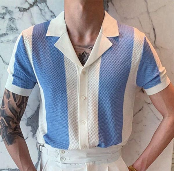 Men039s T-shirts Été Hommes Turndown Col Chemise Patchwork Boutons Côtelés Manches Courtes Respirant Tricoté Streetwear Pour Mal5379477