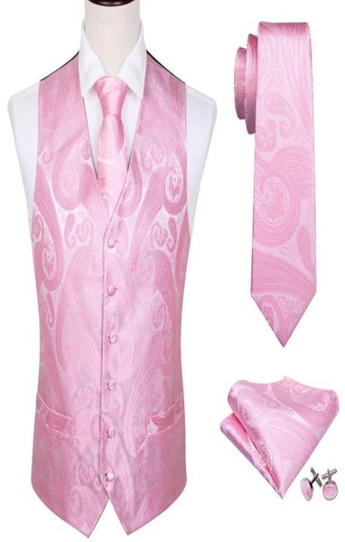 Men039s Vêtes Men Silk Vest Slim Suit Wilking Pink Paisley Tie Tie Set Mandkerchief Cuffinks Floral Coldie For Wedding Party BA8816149