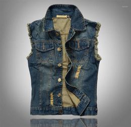 Men039s Gilet entièrement 2021 Fashion Mens Denim Vest Vintage Sans manches jeans lavés Wonans Man Cowboy Ripped Veste plus S7000277