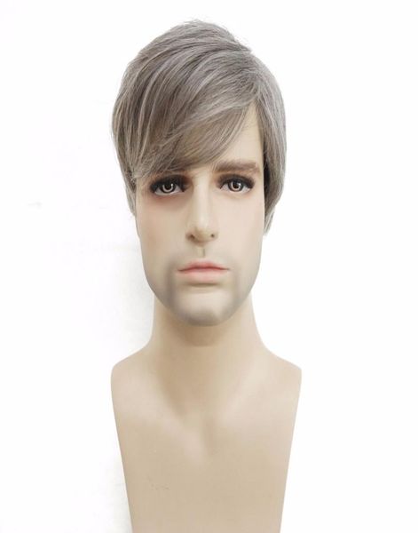 Men039s Wig Silver Grey mélange court droit naturel naturel synthétique résistant à la chaleur Fibre Full Wigs2719052