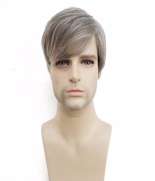 Men039s Wig Silver Grey mélange court droit naturel naturel synthétique résistant à la chaleur Fibre Full Wigs4249857