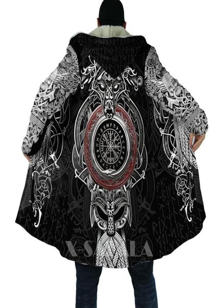 Men039s Mezclas de lana espesa Capeta con capucha cálida para hombres Símbolo de tatuaje Viking sobre imprenta 3D Viento Fleece unisex VastailA211845344