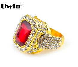 Men39s couleur or Hip Hop glacé pierre rouge Cz taille de bague disponible luxe femme bague hommes mode doigt Bling Hip Hop Ring9369253