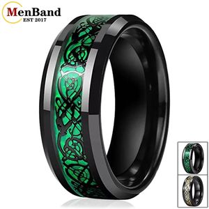 Menband mode 8mm heren dames trouwring zwarte wolfraam ring met groene opaal zwarte draak inlay comfort fit maat 5-15 240522