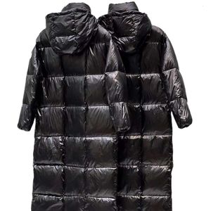 Mengkou 23 – veste d'hiver longue à capuche épaisse et moelleuse, doudoune, tissu peint noir brillant, 90% duvet d'oie blanche
