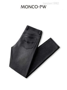 Mengkou – jean fin en peluche pour hommes, pantalon Long avec lettres personnalisées en relief, doux et confortable, nouvelle mode automne et hiver