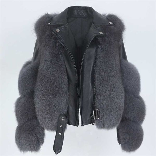 MENINA BONITA Réel Manteau De Fourrure Gilet Veste D'hiver Femmes Fourrure Naturelle En Cuir Véritable Vêtements D'extérieur Détachables Streetwear Locomotive 211007