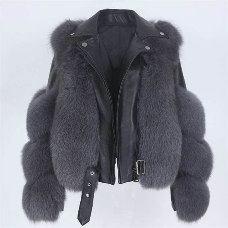 Menina Bonita Real Fur Coat Vest Winter Jacket Women Natural Fox Äkta läder Ytterkläder Avtagbar Streetwear Locomotive 210928