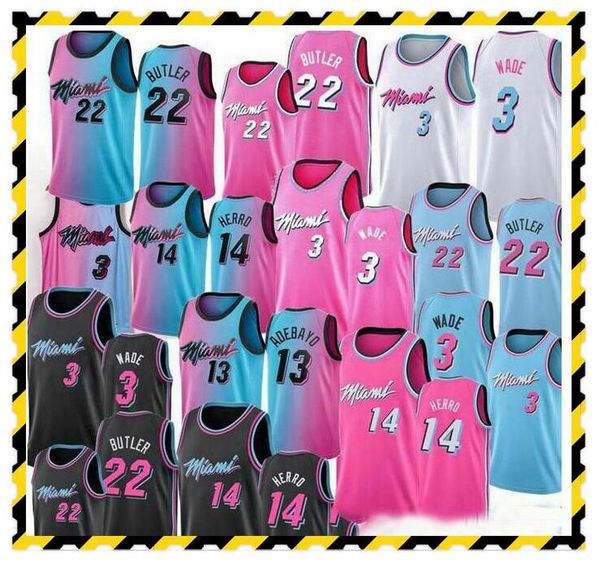 HerenMiami Dwyane 3 Wade Jimmy 22 Butler Jerseys Tyler 14 Herro Bam 13 Ado 55 Robinson 2020-21 Pink Bule White City Basketball Jersey