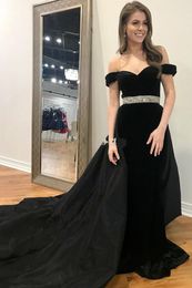 Menoqo Off The Shoulder Black Prom Dresses Sweetheart Beaded Sash Satin V Backless Ruched Elegante Avondjurken Formele Prom Dresses