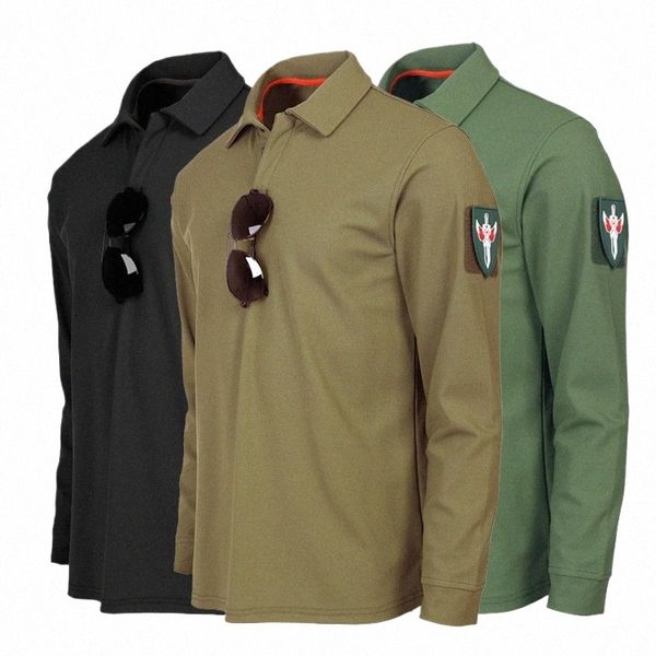 Mens 100% polyester lg poeve polo été sécré rapide solide armée verte collier t-shirts sports extérieurs tactiques tactics j5ig #