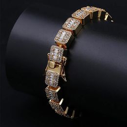 Pulsera de diamantes Baguette con hielo de oro de 14 quilates para hombre Pulseras Bling Bling de 10 mm con cierre cerrado Pulseras de circón cúbico Hip Hop 44g2531