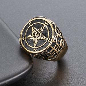 Heren 14K Wit Gouden Ring Baphomet Geit Pentagram Ring Satanic Leviathan Cross Gothic Heks Ringen Sieraden voor Man