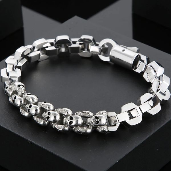 Bracelet de tête de crâne en or blanc 14K pour hommes pour hommes chain de 10 mm à la main bracelets de biker mâle massif bijoux gothique