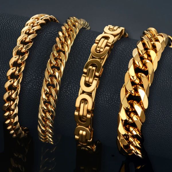 Pulsera masculina de oro amarillo de 14k para hombre Braslet Braclet de Color dorado pulsera de eslabones de cadena cubana gruesa para hombre