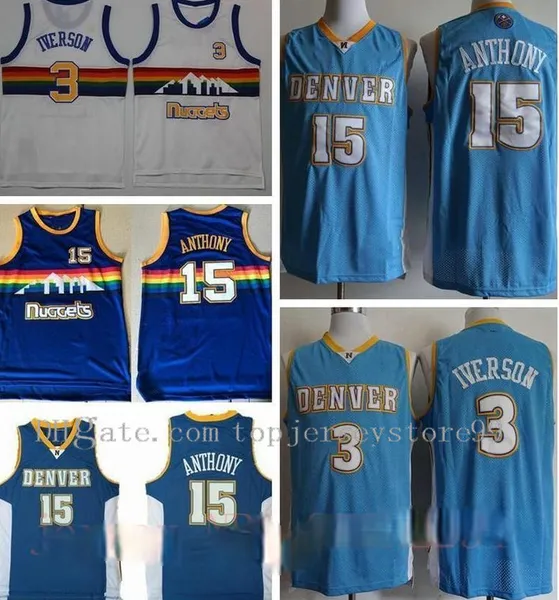 Hommes 15 Carmelo Anthony Retro BlueDenverNuggets Jersey Vintage Carmelo Anthony Allen Iverson Vancouver Basketball Maillots