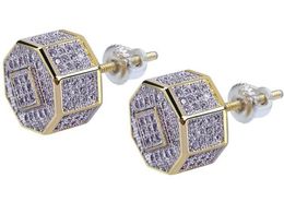 HOMME 18K GOLD REMPLI 8 côtés personnalité hip hop Lad Diamond BOUCLES D'OREILLES À VIS À L'ARRIÈRE