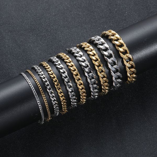 Pulseras de acero inoxidable chapadas en oro de 18 quilates para hombre Pulsera de hebilla de langosta de cadena de eslabones cubanos de Miami de seis lados pulidos