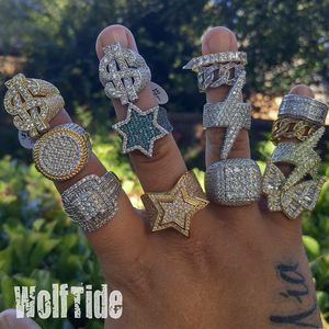 18K witgoud Pentagram Hip Hop Ring Mens Buttergly Bling Cubic Zirconia Guys Full Diamond Iced Out Prong CZ Stone Baguette Star Rapper Sieraden Bijoux voor vriend