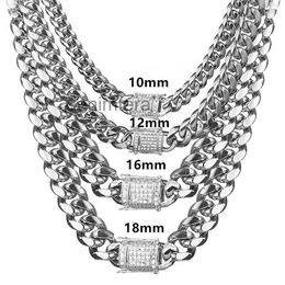 Mens 18k White Gold Tone Stainless Steel Cuban Link Chain Necklace Curb with Diamonds Clasp Lock 8mm/10mm/12mm/14mm/16mm/18mm Kpd7