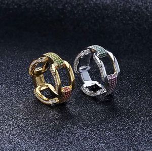 Heren 18K Geel Gold Prez Link Rings Eeuwigheid Goud Cz Bling Ring Hip Hop Iced Out Colourful Cubic Zirconia Micro Pave Diamonds Ring