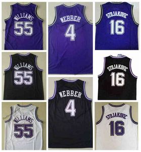 Mens 1998-99 Vintage 55 Witte chocolade Jason Williams Basketball Jerseys 4 Chirs Webber 16 Peja Stojakovic Purple Black Stitched Shirts S-X