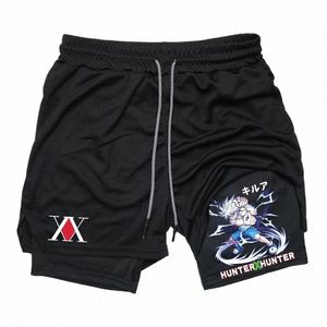 Heren 2 in 1 hardloopshort met Phe-zakken Handdoeklus Anime Print Lichtgewicht atletische gymtraining Compri Shorts f2Of #