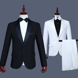 Mens 2 Stuk Wit Bruiloft Tuxedo Prom Dress Party Suit Nightclub Singer Performance Kleding Kostuums voor Mannen (Jas + Pants) X0909