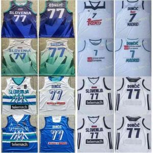 Mens 2021 Nouvelle Slovénie Luka Doncic # 77 Basketball Jerseys Blue Unicersidad Europea # 7 Madrid White Jersey Shirts Stitted S-XXL 284L