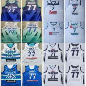 Hombre 2021 New Eslovenia Luka Doncic #77 Jerseys de baloncesto Blue Unicersidad Europea #7 Madrid White Jersey Camisetas cosidas S-XXL 248Q