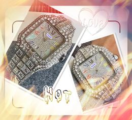 Mens 3 Pins Square Face Designer Watches Luxury Automatic Quartz Movement Mouvement Corloge en acier inoxydable Président Full Diamonds Ring Good Chain Watch Cadeaux