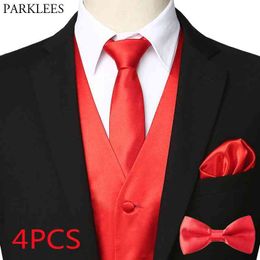 Hommes 4pcs rouge soie satin smoking gilet ensemble cravate poche carré noeud papillon marque fête de mariage formel gilet d'affaires hommes 3XL 210522