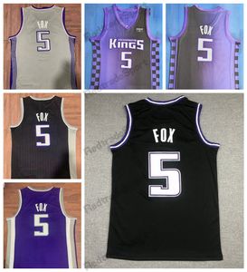 Hombres 5 De'Aaron Fox Camisetas de baloncesto Púrpura Negro Camisas Ciudad Gris S-XXL