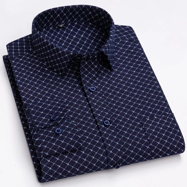 Chemise habillée à carreaux imprimée à manches longues pour hommes 65% coton avec poche plaquée unique, coupe régulière, chemises décontractées fines et polyvalentes confortables 240318