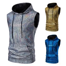 Heren 70S Disco Hooded Stamped Mouwess Vest Fashion Retro Glossy Party DJ Tank Tops 240507